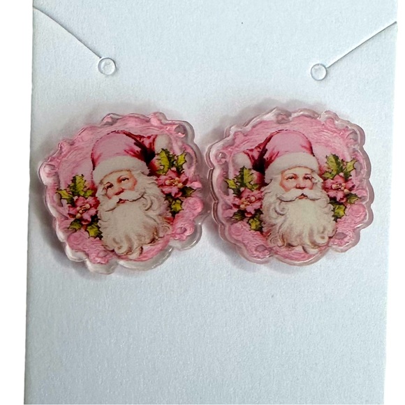 Set of 4 Pink NEW Christmas Holiday Stud Acrylic Handmade Earrings - Picture 3 of 8